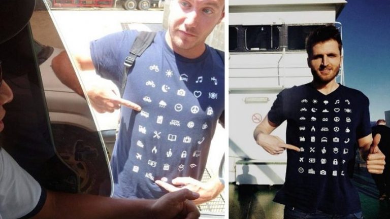 Creano una maglietta per il viaggiatore con 40 icone universali che ti permettono di comunicare in qualsiasi paese