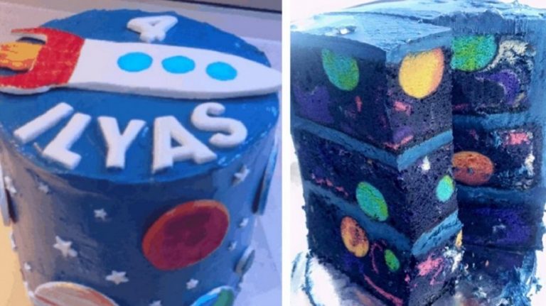 La torta di compleanno  spaziale rivela un intero universo quando viene affettata