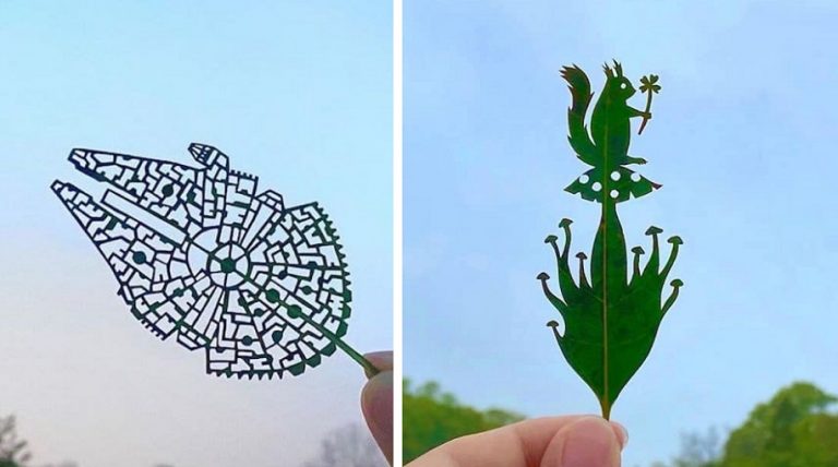 Un artista intaglia meticolosamente a mano delle scene intricate nelle foglie