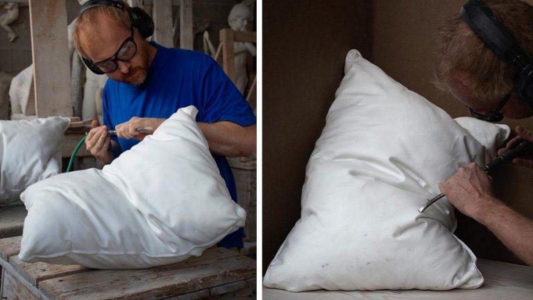 Un artista norvegese ricava “soffici” cuscini bianchi da dei blocchi di marmo
