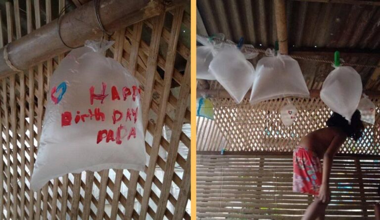Realizzano dei palloncini con dei sacchetti di plastica per festeggiare il loro papà nel giorno del suo compleanno
