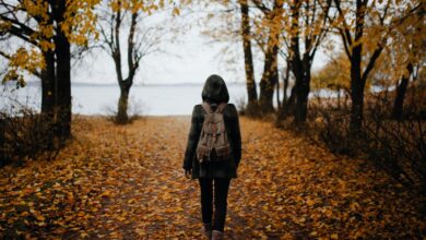 woman walking on pathway with falling leaves near body of water during daytime