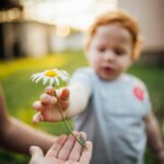 A hand giving out a daisy to a small child