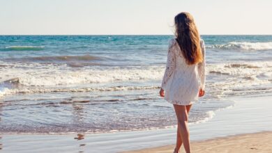 young woman, beach, dress