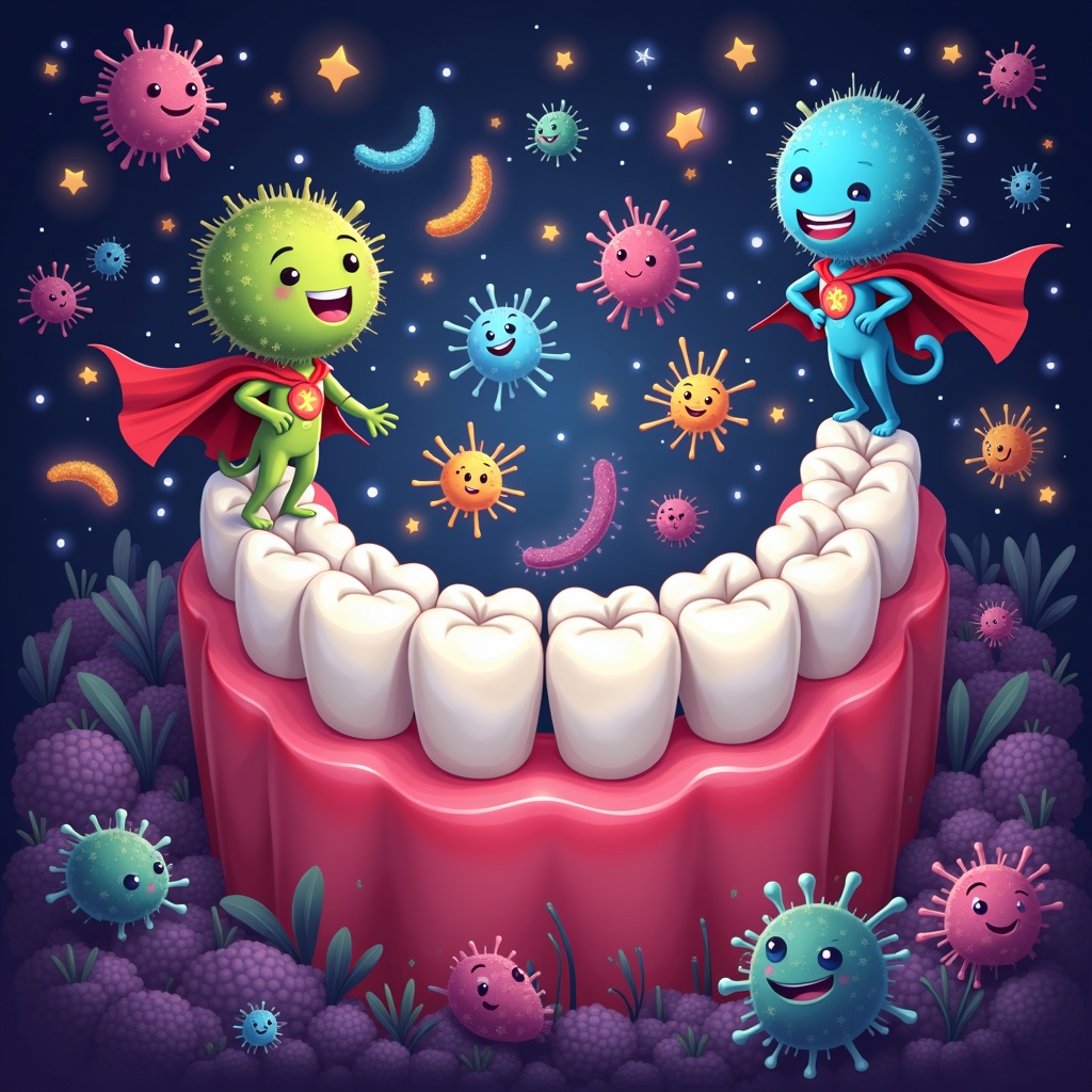 Batteri buoni e microbioma orale come i supereroi invisibili che proteggono i denti dalle carie