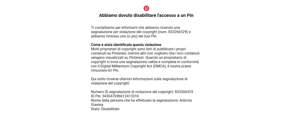 Antonia Gravina e finte segnalazioni di copyright con Pinterest come “collaboratore”