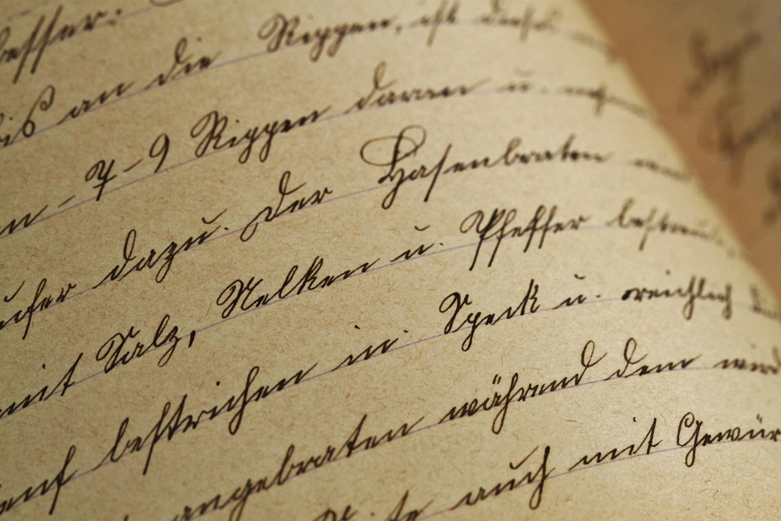 Scrittura a mano d'epoca su carta ingiallita