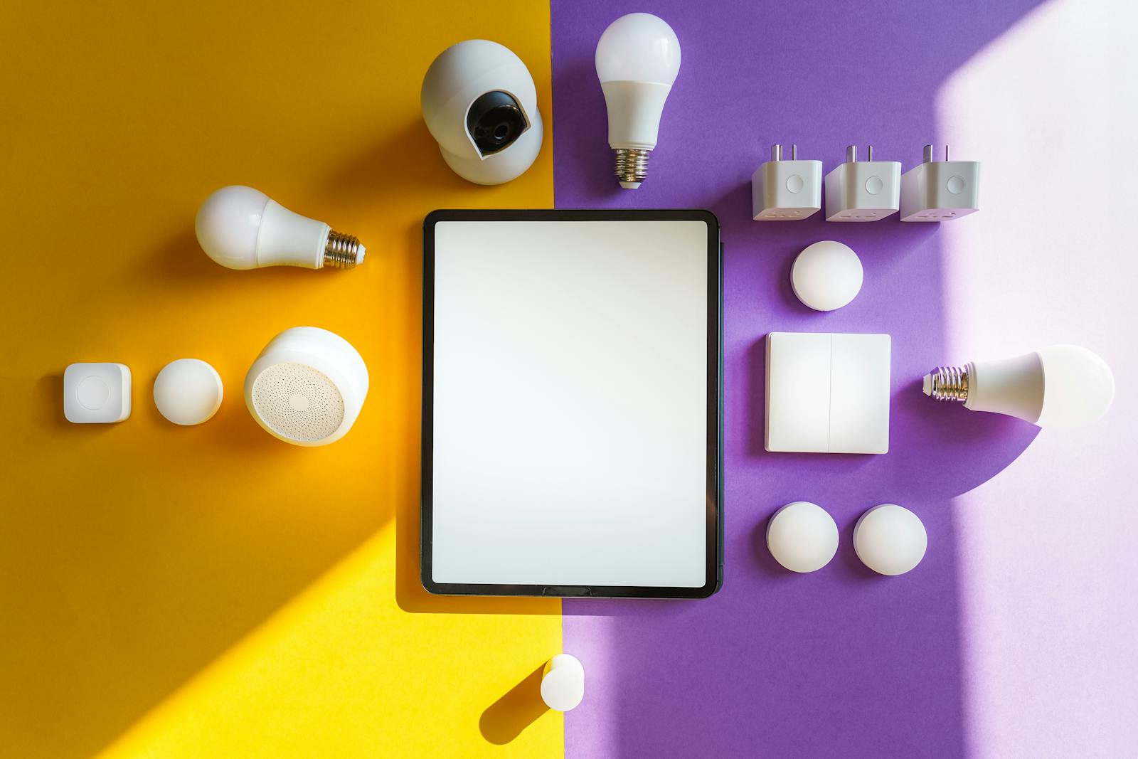 Dispositivi smart home e tablet visti dall'alto su sfondo colorato