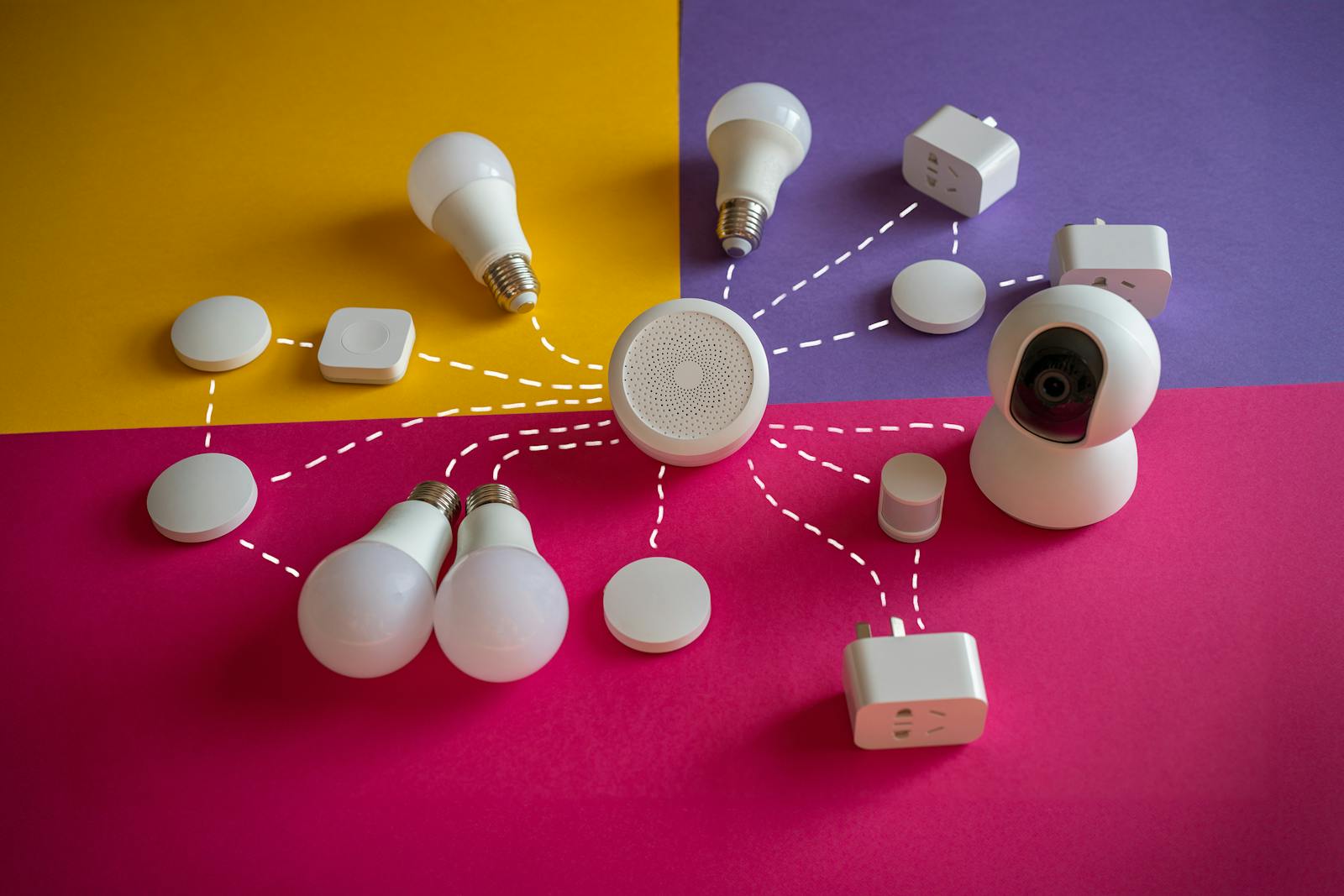 Insieme di dispositivi smart home con telecamera e lampadina