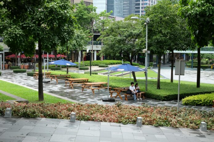 Parco urbano sereno con panchine e verde tra gli alberi