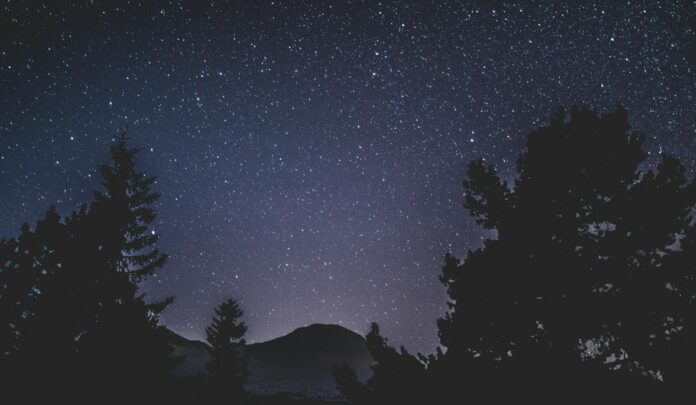 Cielo notturno stellato sopra una silhouette di montagne e alberi