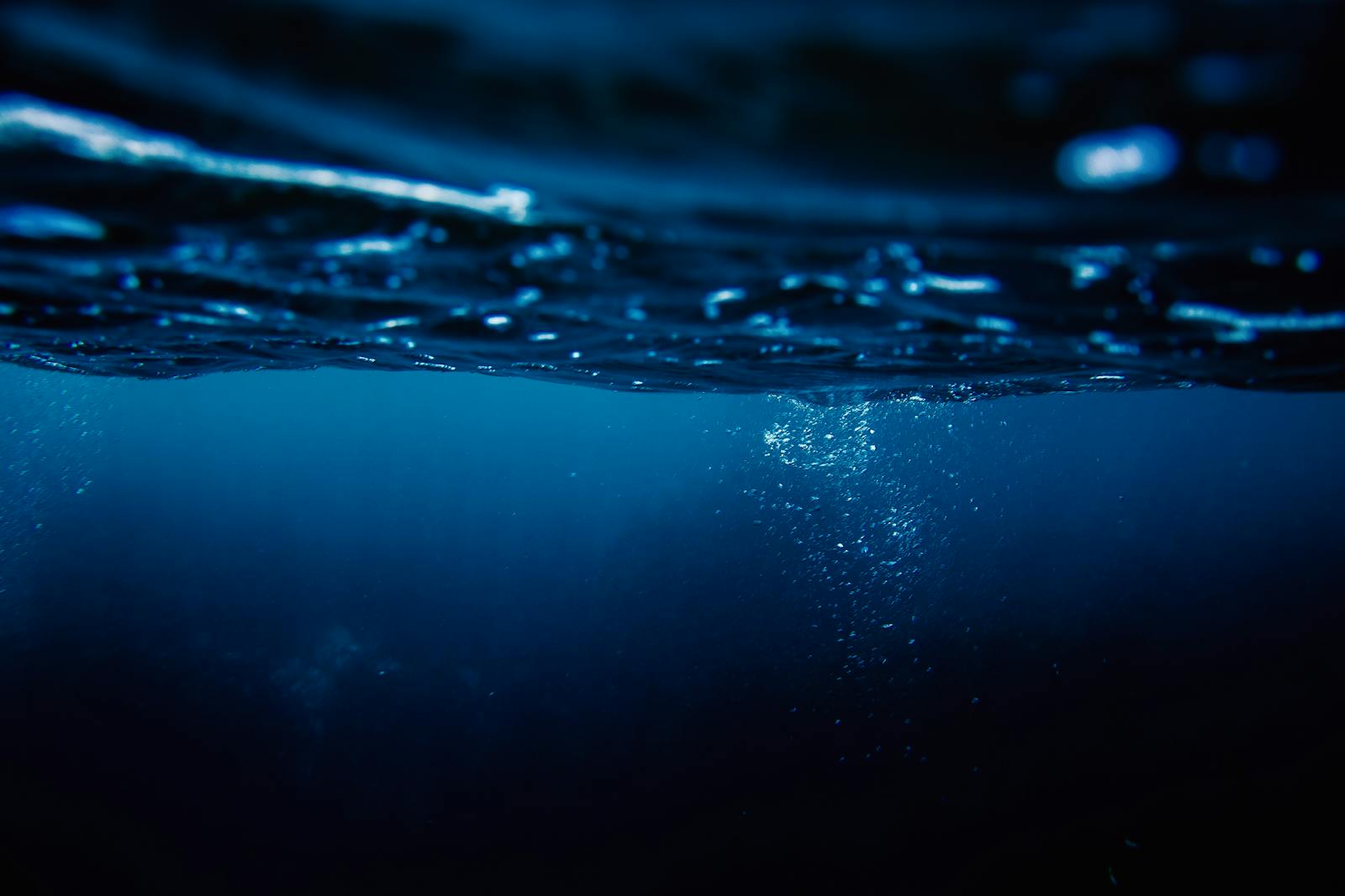 Bolle d'aria che salgono in un mare sereno e profondo