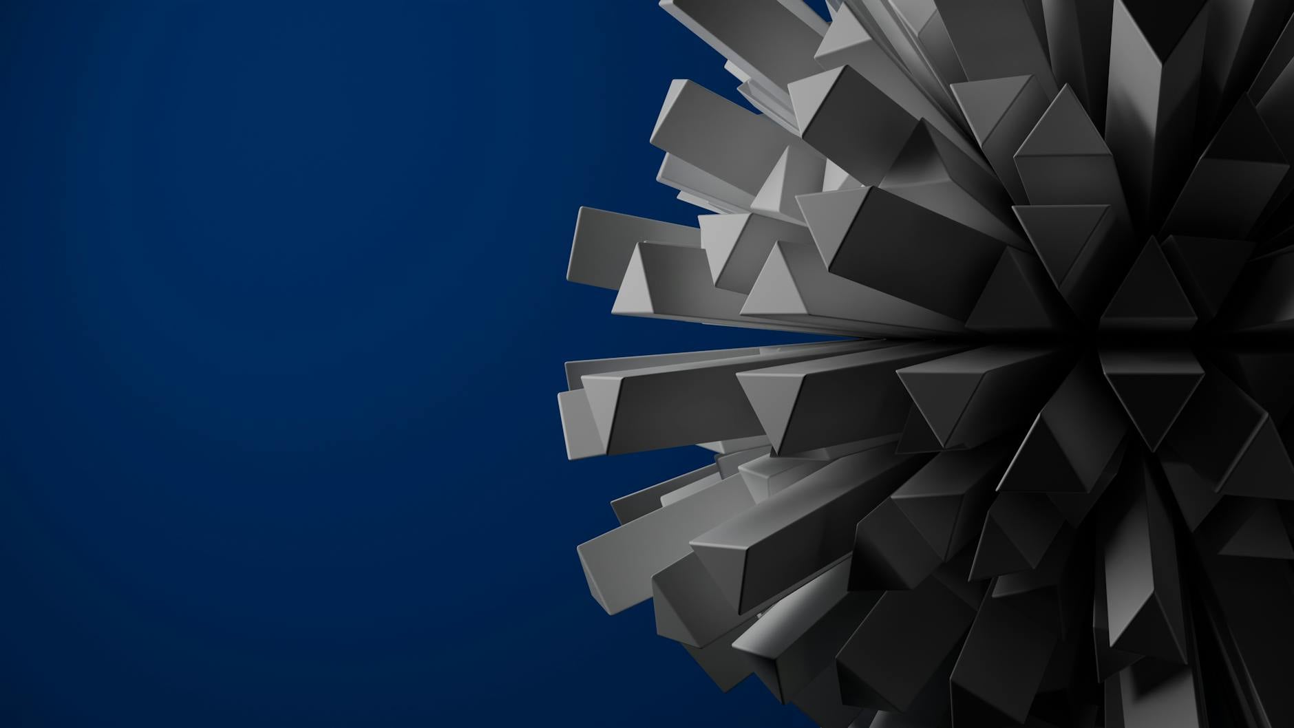 Forme geometriche 3D dinamiche che creano un moderno design astratto su uno sfondo blu intenso.