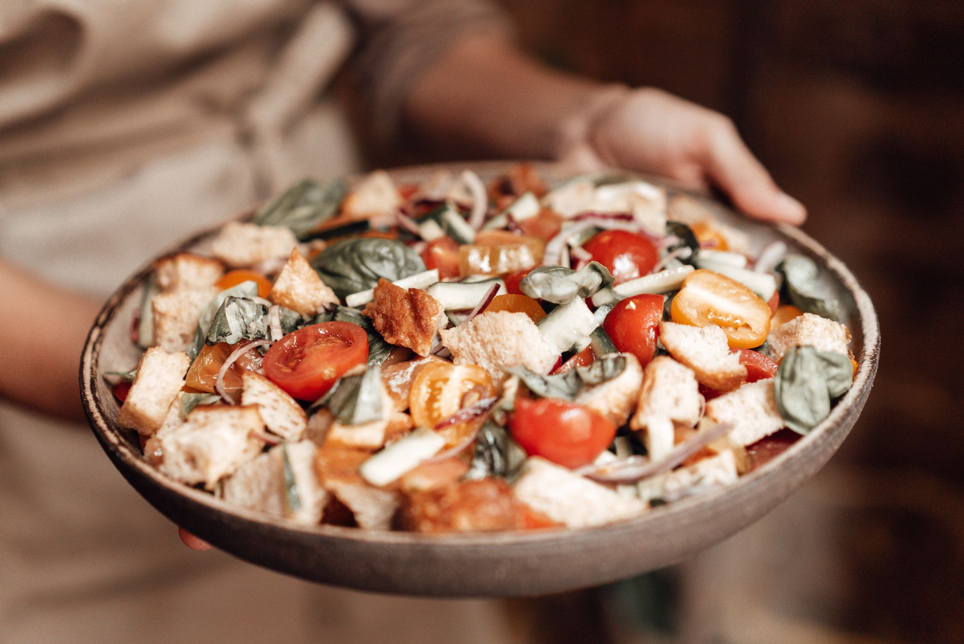 Panzanella toscana con pane, pomodori e basilico
