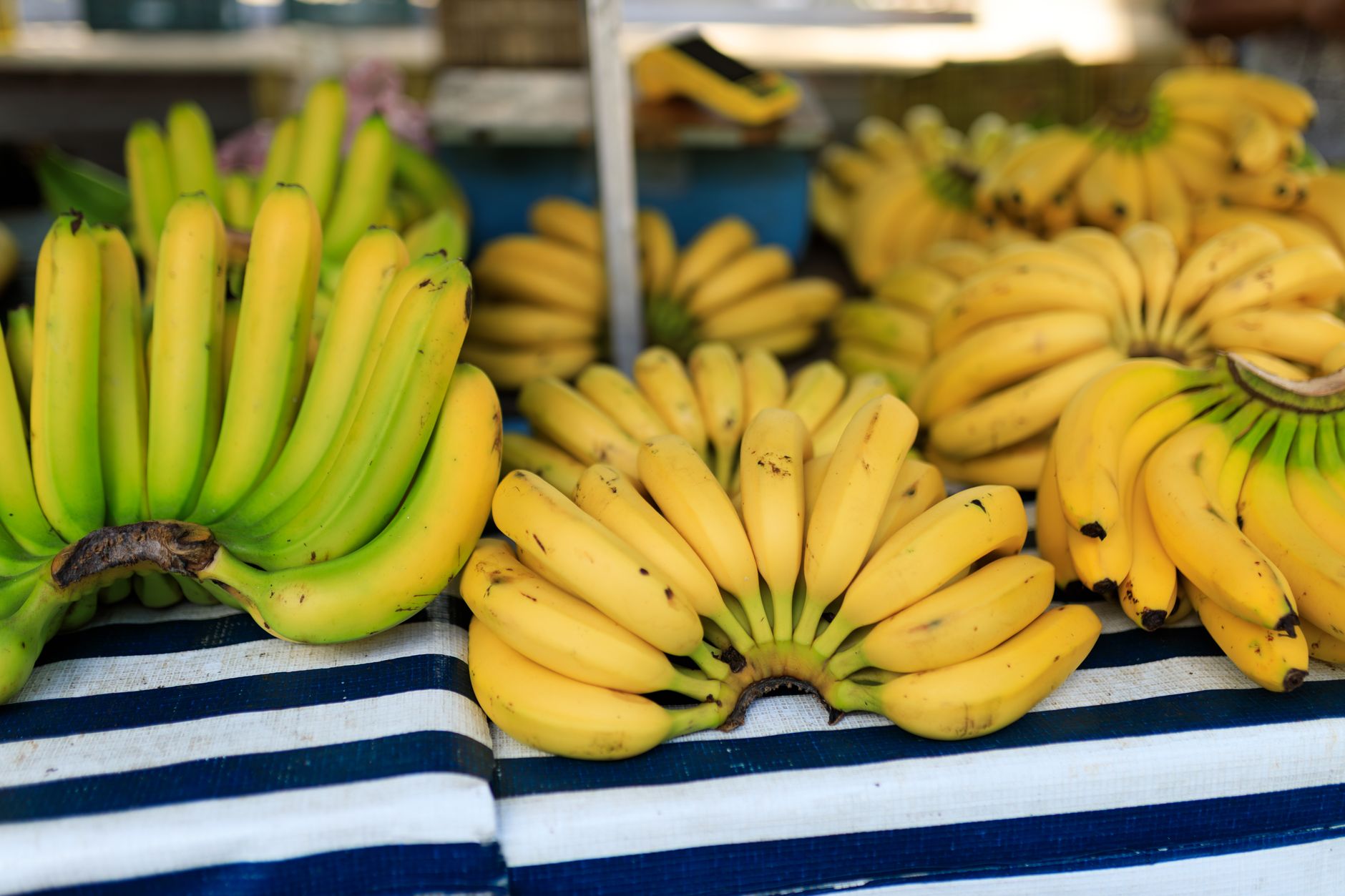 Casco di banane mature su sfondo giallo