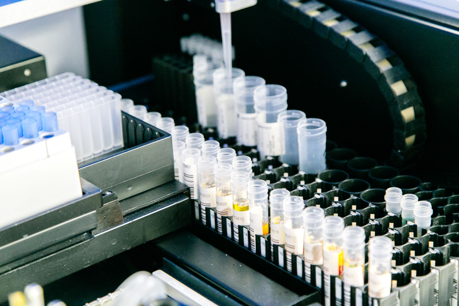Ricercatrice in laboratorio con provette per la ricerca sui vaccini
