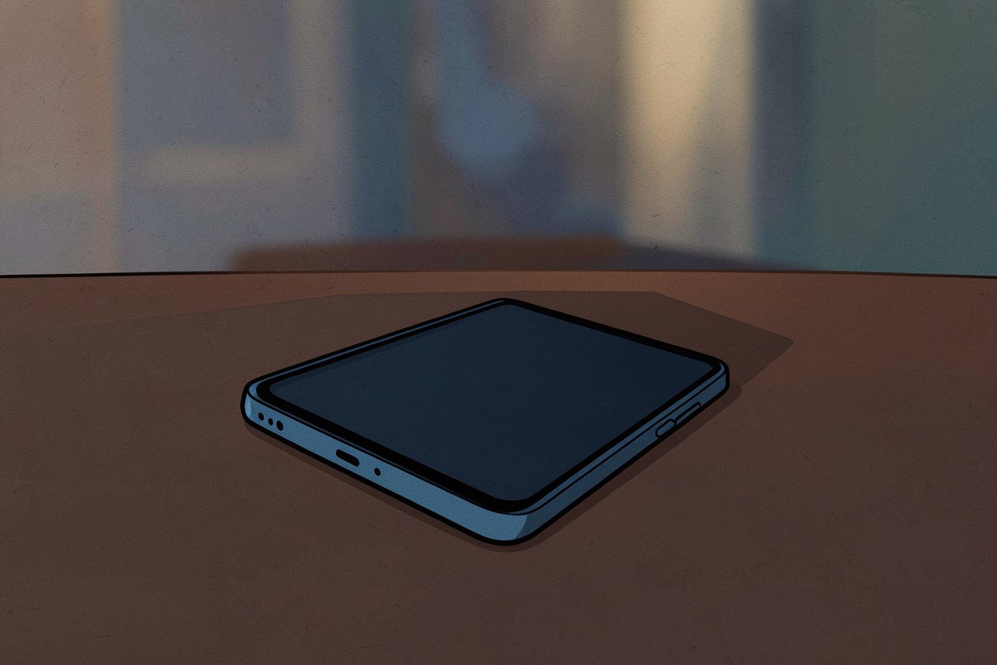 Illustrazione: A single modern smartphone lying on a dark wooden table at night, its screen glowing softly in a dim dark-mode interface, warm ambient light blurred in the background, no text, no