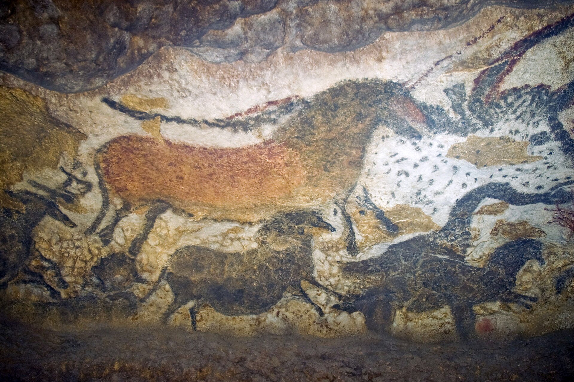 Cavalli e tori dipinti in rosso, nero e ocra sulla roccia nella riproduzione della grotta di Lascaux