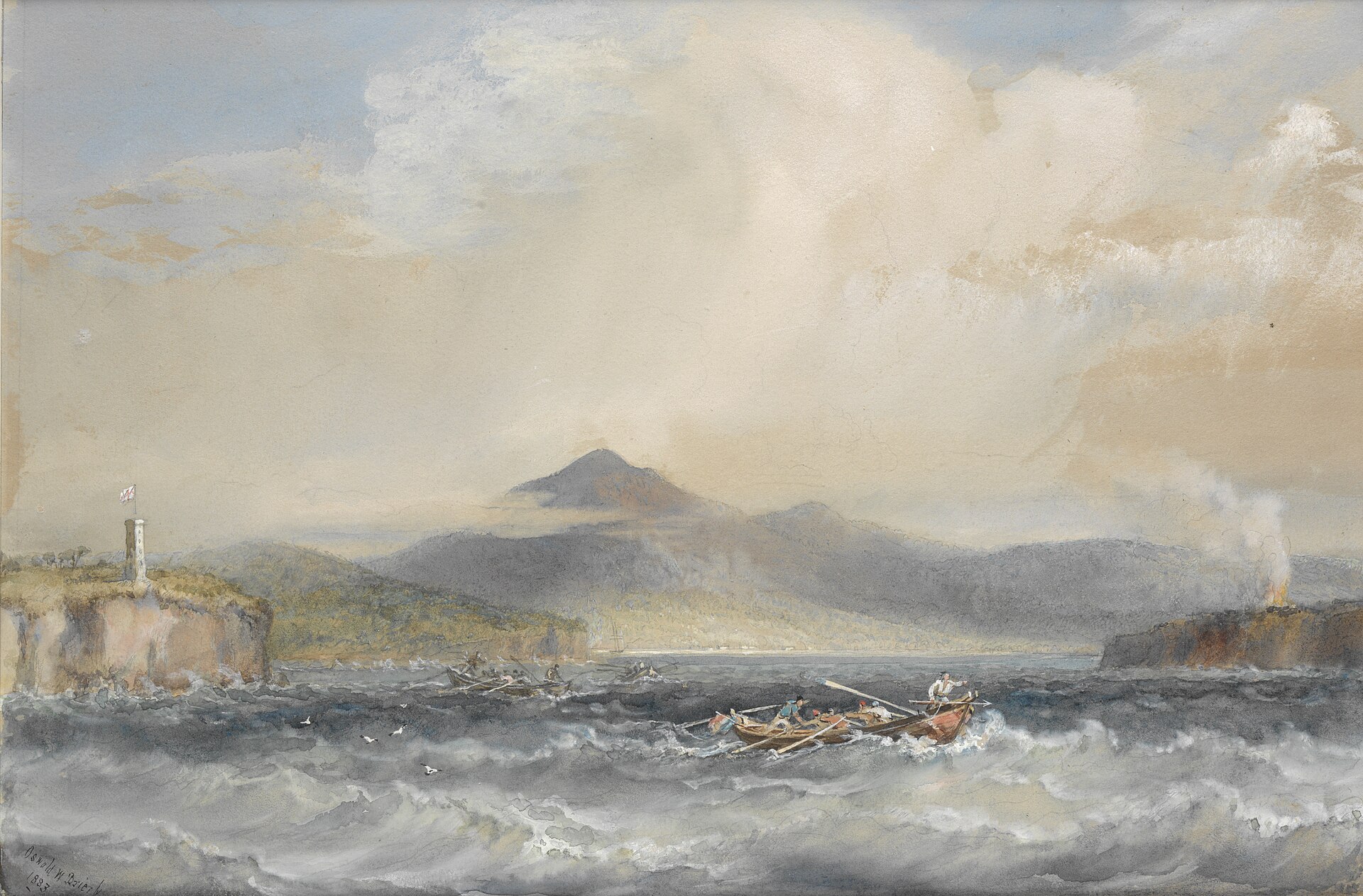 Dipinto di Oswald Brierly del 1844: una lancia di balenieri esce da Twofold Bay, in Australia, verso le balene avvistate
