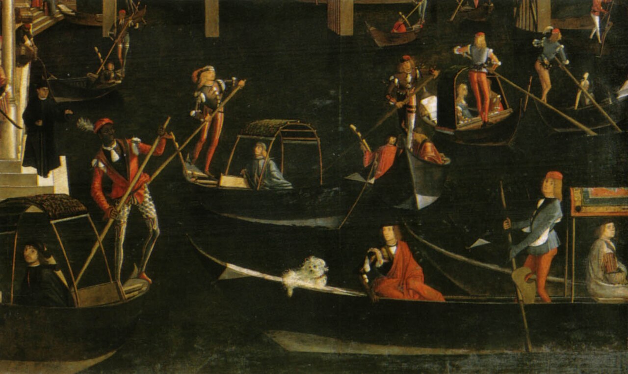 Gondole dallo scafo scuro con cabine e coperture colorate sul Canal Grande, dettaglio di un dipinto di Vittore Carpaccio