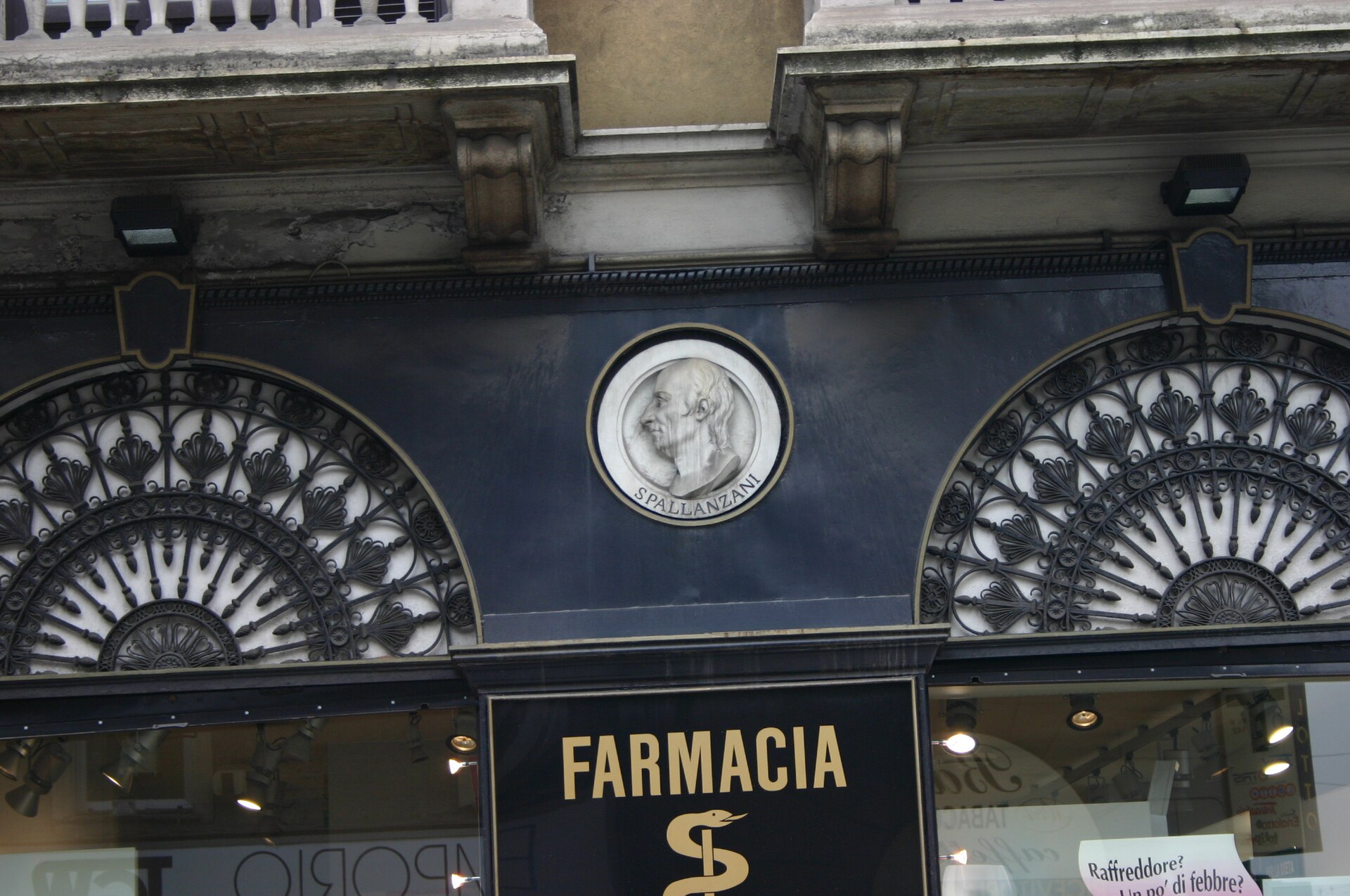 Medaglione in marmo con il profilo di Lazzaro Spallanzani sulla facciata di una farmacia di Milano