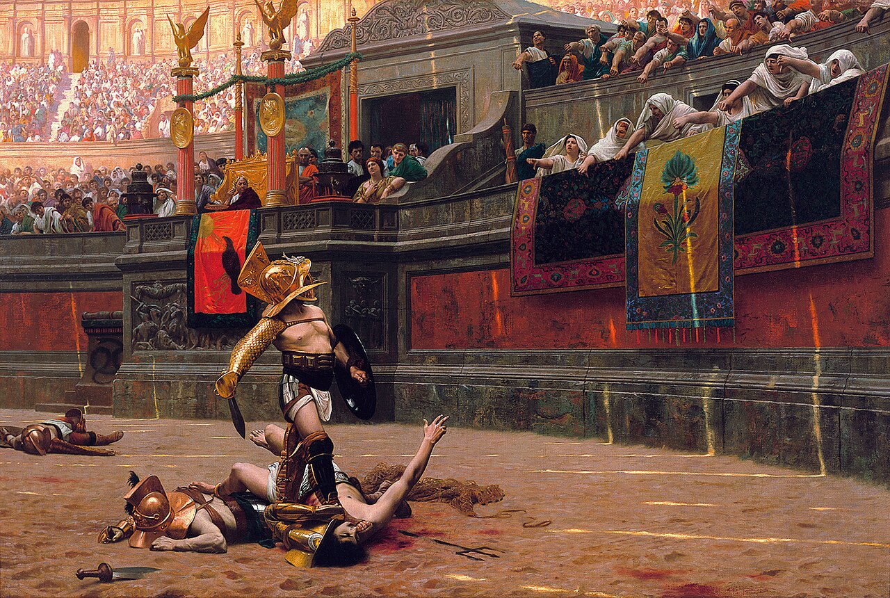 Il dipinto Pollice verso di Jean-Léon Gérôme: un gladiatore vincitore nell arena e le Vestali con il pollice rivolto in basso