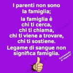 I parenti non sono
la famiglia;
la famiglia è
chi ti cerca,
chi ti chiama,
chi ti viene a trovare,
chi ti sostiene.
Legame di sangue non significa famiglia.